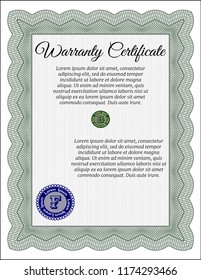 Green Warranty Certificate template. Printer friendly. Superior design. Detailed. 