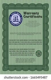 Green Warranty Certificate template. With quality background. Vector illustration. Superior design. 
