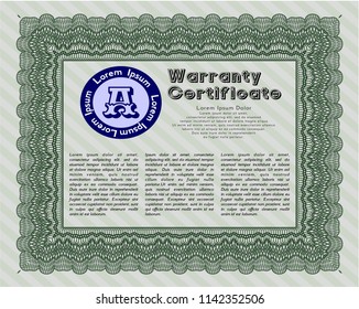 Green Warranty Certificate template. Retro design. With guilloche pattern. Vector illustration. 