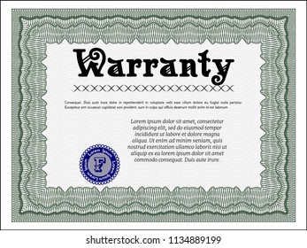 Green Warranty Certificate template. Vector illustration. With complex linear background. Beauty design. 
