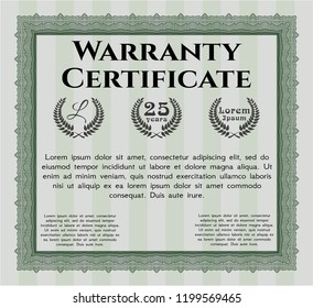 Green Warranty Certificate template. Vector illustration. With great quality guilloche pattern. Retro design. 