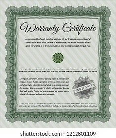 Green Warranty Certificate template. Vector illustration. With guilloche pattern. Money Pattern. 