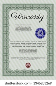 Green Warranty Certificate template. Vector illustration. With quality background. Artistry design. 
