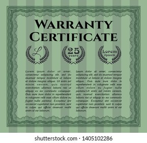 Green Warranty Certificate template. Vector illustration. Complex background. Perfect design. 