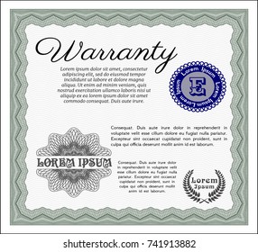 Green Warranty Certificate template. Vector illustration. Complex background. Money design. 