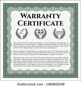 Green Warranty. Detailed. With guilloche pattern. Superior design. 