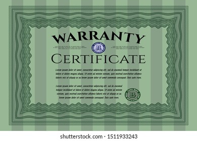 Green Warranty. Excellent design. Detailed. With guilloche pattern. 