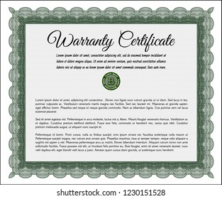 Green Warranty template. Cordial design. With complex linear background. Vector illustration. 