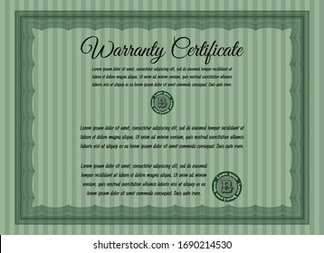 Green Warranty template. With great quality guilloche pattern. Lovely design. Vector illustration. 