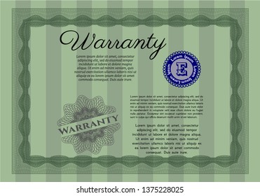 Green Warranty template. With guilloche pattern. Money style design. Detailed. 