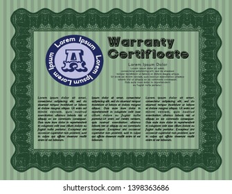 Green Warranty template. With guilloche pattern and background. Cordial design. Detailed. 
