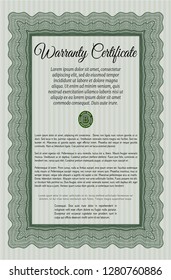 Green Warranty template. Money Pattern design. Detailed. With complex linear background. 