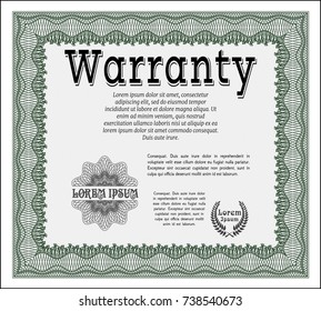 Green Warranty template. Vector illustration. With guilloche pattern and background. Nice design. 