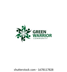 Green Warrior Community Logo Badge. In Leaf Shape And Circle People Shape. Youth Center Study Activity. Youth Community Collaboration. Young Youth Logo Design