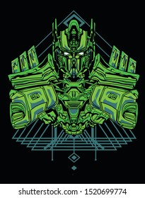 green warrior robot with sacred geometry