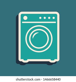 Green Washer icon isolated on blue background. Washing machine icon. Clothes washer - laundry machine. Home appliance symbol. Long shadow style. Vector Illustration