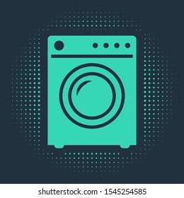 Green Washer icon isolated on blue background. Washing machine icon. Clothes washer - laundry machine. Home appliance symbol. Abstract circle random dots. Vector Illustration