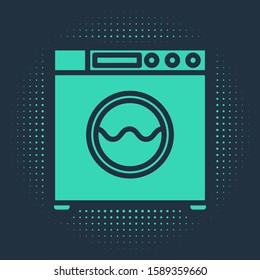 Green Washer icon isolated on blue background. Washing machine icon. Clothes washer - laundry machine. Home appliance symbol. Abstract circle random dots. Vector Illustration