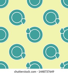 Green Washing dishes icon isolated seamless pattern on yellow background. Plate and sponge. Cleaning dishes icon. Dishwasher sign. Clean tableware sign.  Vector Illustration
