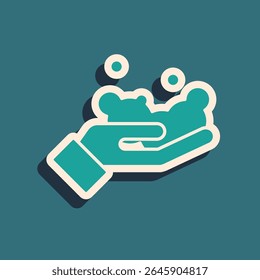 Green Washing hands with soap icon isolated on green background. Washing hands with soap to prevent virus and bacteria. Long shadow style. Vector