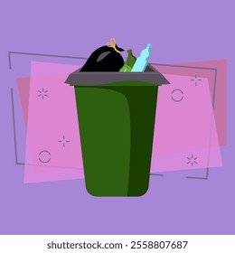 Green waste bin. Container with plastic bottles and sack of rubbish. Vector illustration can be used for topics like garbage, unsorted waste, environment pollution