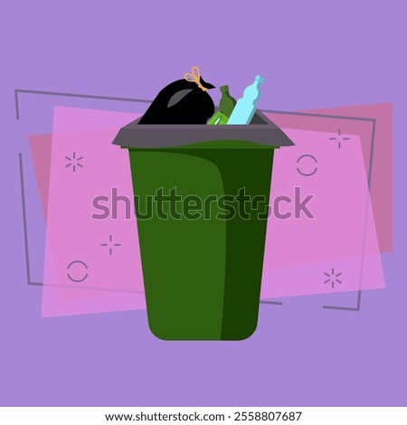 Green waste bin. Container with plastic bottles and sack of rubbish. Vector illustration can be used for topics like garbage, unsorted waste, environment pollution