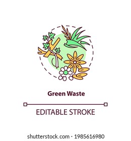 Green waste concept icon. Organic waste type idea thin line illustration. Refuse from garden. Biological fertilizer. Grass clippings, leaves. Vector isolated outline RGB color drawing. Editable stroke