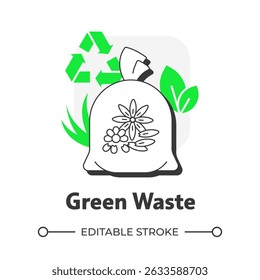 Green waste flat outline concept icon. Organic litter type. Refuse from garden. Biological fertilizer. Grass clippings. Modern line illustration with green glyphs. Conceptual visual. Easy to edit