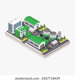 Green waste recycle factory isometric illustrated on background