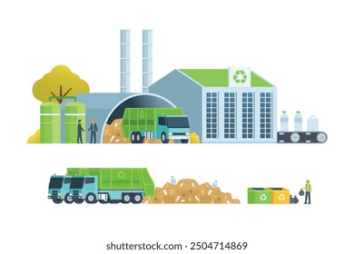 Green waste recycling plant. Modern flat style, Eco factory illustration. Dump truck and waste management building.