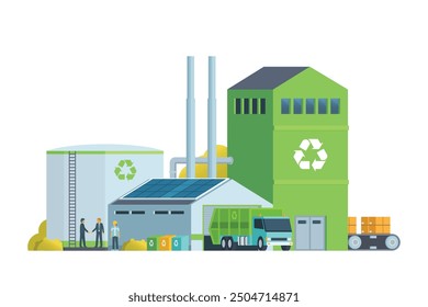 Planta de reciclaje de residuos verdes. Estilo plano moderno, ilustración de la fábrica de Eco. Camión volquete y edificio de gestión de residuos.