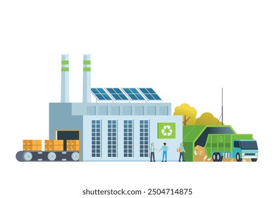 Green waste recycling plant. Modern flat style, Eco factory illustration. Dump truck and waste management building.