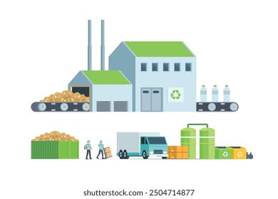 Green waste recycling plant. Modern flat style, Eco factory illustration. Dump truck and waste management building.