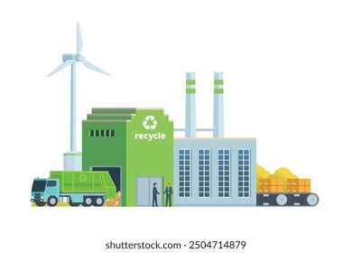 Green waste recycling plant. Modern flat style, Eco factory illustration. Dump truck and waste management building.