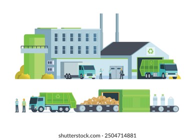 Green waste recycling plant. Modern flat style, Eco factory illustration. Dump truck and waste management building.