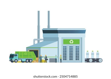 Green waste recycling plant. Modern flat style, Eco factory illustration. Dump truck and waste management building.