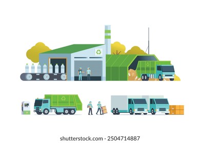 Green waste recycling plant. Modern flat style, Eco factory illustration. Dump truck and waste management building.