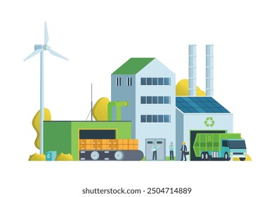 Green waste recycling plant. Modern flat style, Eco factory illustration. Dump truck and waste management building.