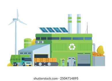 Recyclinganlage für grüne Abfälle. Moderner flacher Stil, Eco Fabrik Illustration. Müllwagen und Abfallentsorgungsgebäude.