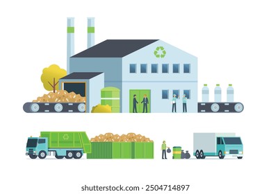 Green waste recycling plant. Modern flat style, Eco factory illustration. Dump truck and waste management building.