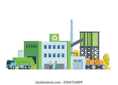 Green waste recycling plant. Modern flat style, Eco factory illustration. Dump truck and waste management building.