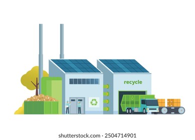 Planta de reciclaje de residuos verdes. Estilo plano moderno, ilustración de la fábrica de Eco. Camión volquete y edificio de gestión de residuos.