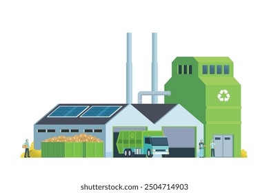 Green waste recycling plant. Modern flat style, Eco factory illustration. Dump truck and waste management building.