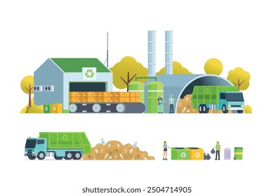 Green waste recycling plant. Modern flat style, Eco factory illustration. Dump truck and waste management building.