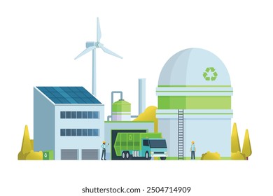 Green waste recycling plant. Modern flat style, Eco factory illustration. Dump truck and waste management building.