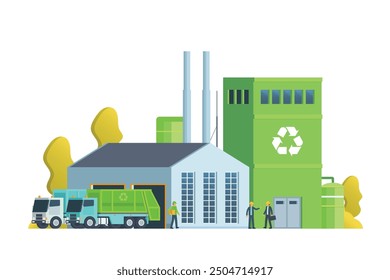 Planta de reciclaje de residuos verdes. Estilo plano moderno, ilustración de la fábrica de Eco. Camión volquete y edificio de gestión de residuos.