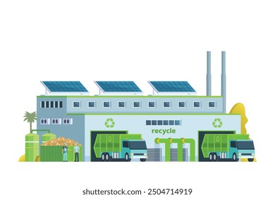 Green waste recycling plant. Modern flat style, Eco factory illustration. Dump truck and waste management building.