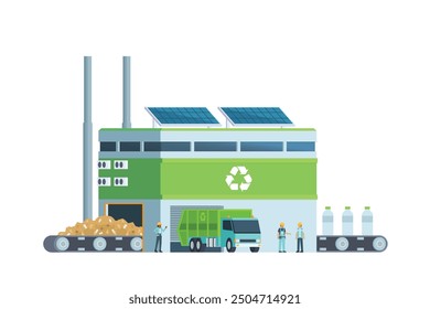 Green waste recycling plant. Modern flat style, Eco factory illustration. Dump truck and waste management building.