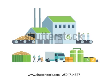 Green waste recycling plant. Modern flat style, Eco factory illustration. Dump truck and waste management building.