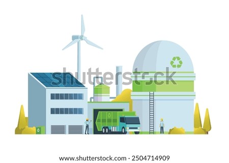 Green waste recycling plant. Modern flat style, Eco factory illustration. Dump truck and waste management building.